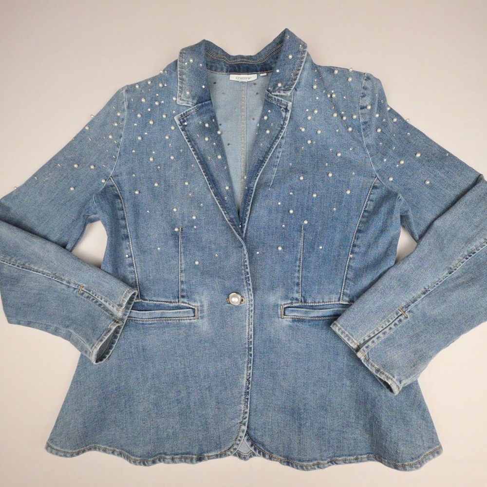 Chico's Pearl Embellished Denim Blazer Jacket Women 2 L Blue Peplum Stretch